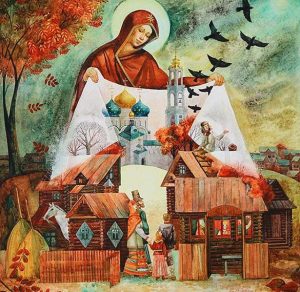 Скачать бесплатно Открытка на Покров Пресвятой Богородицы в старинном рисованном стиле на сайте WishesCards.ru