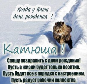 Скачать бесплатно Прикольная картинка с поздравлением с днем рождения Катюше на сайте WishesCards.ru