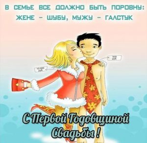 Скачать бесплатно Прикольная смешная открытка с первой годовщиной свадьбы на сайте WishesCards.ru